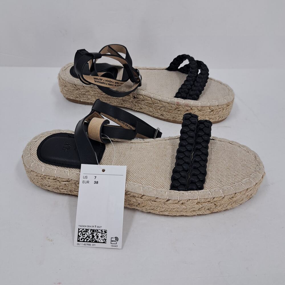 H&M Sandals 38 EU 7 US Braided Detail Espadrilles‎ Platform Ankle Strap Black - Picture 9 of 12
